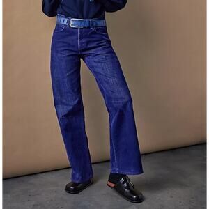 Free People Tinsley Baggy High Rise Flocked Jeans Twilight Blue Sz 33 $228 {202}